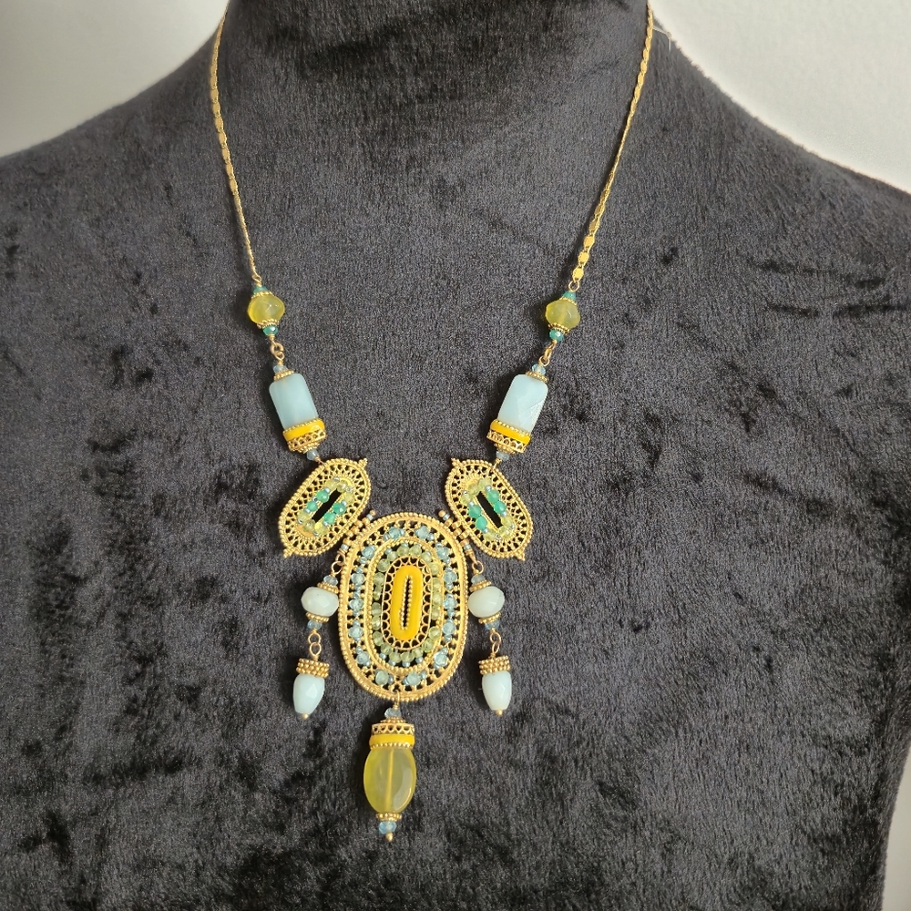 Vintage Filigree Satellite Necklace, Aqua & Amber Glass, Signed, boho artisan